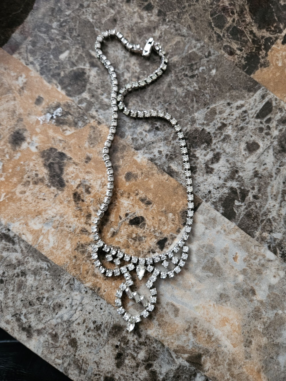 Vintage Silver Crystal Drop Necklace - Clear Sparkle